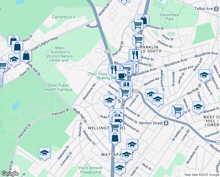 map of restaurants, bars, coffee shops, grocery stores, and more near 150 Wellington Hill Street in Boston