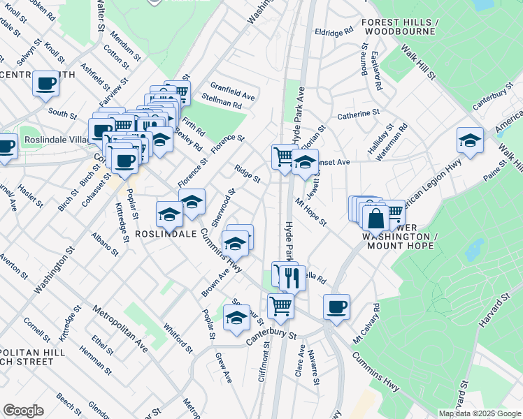 map of restaurants, bars, coffee shops, grocery stores, and more near 7 Gardenside Street in Boston