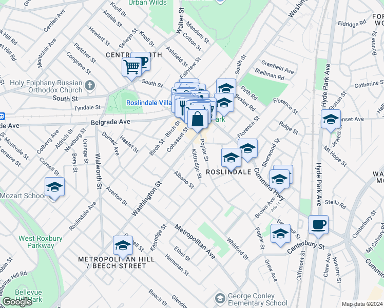 map of restaurants, bars, coffee shops, grocery stores, and more near 4287 Washington Street in Boston