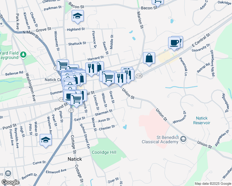 map of restaurants, bars, coffee shops, grocery stores, and more near 61 East Central Street in Natick