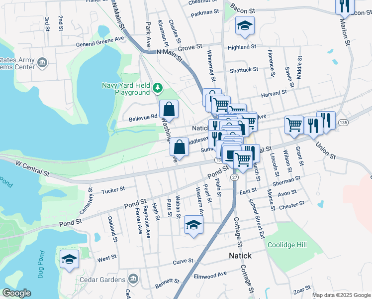 map of restaurants, bars, coffee shops, grocery stores, and more near 75 Middlesex Avenue in Natick