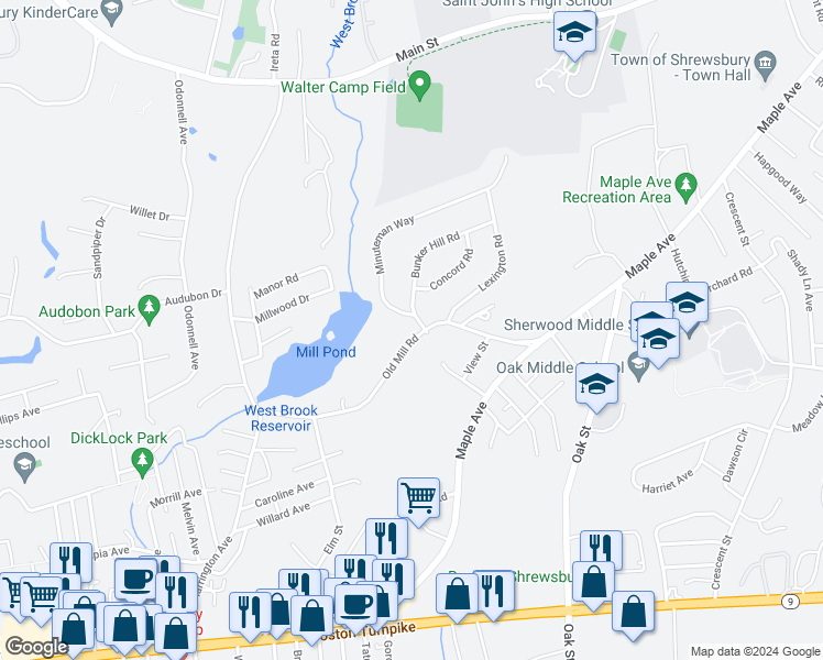 map of restaurants, bars, coffee shops, grocery stores, and more near 6 Bunker Hill Road in Shrewsbury