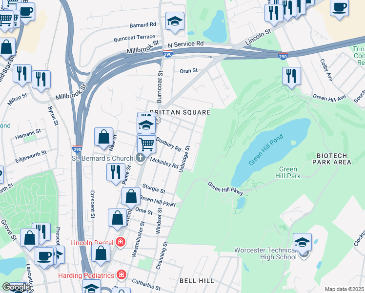 map of restaurants, bars, coffee shops, grocery stores, and more near 9 Rockport Road in Worcester