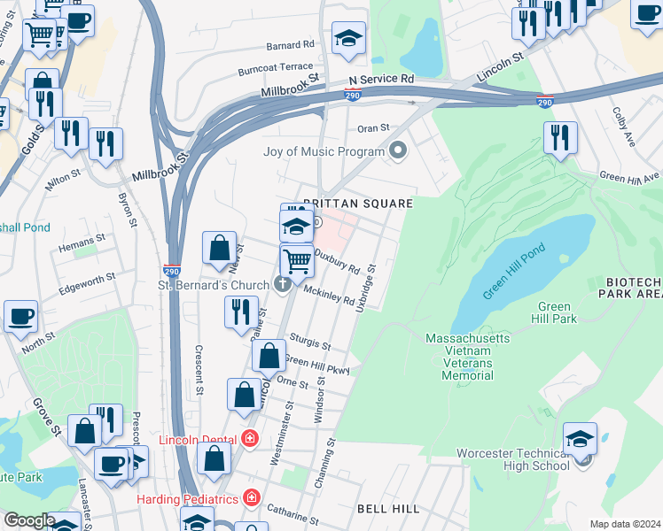 map of restaurants, bars, coffee shops, grocery stores, and more near 12 Duxbury Road in Worcester