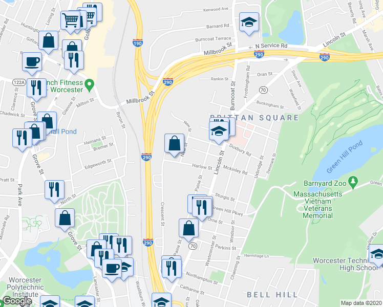 map of restaurants, bars, coffee shops, grocery stores, and more near 17 Gilman Street in Worcester