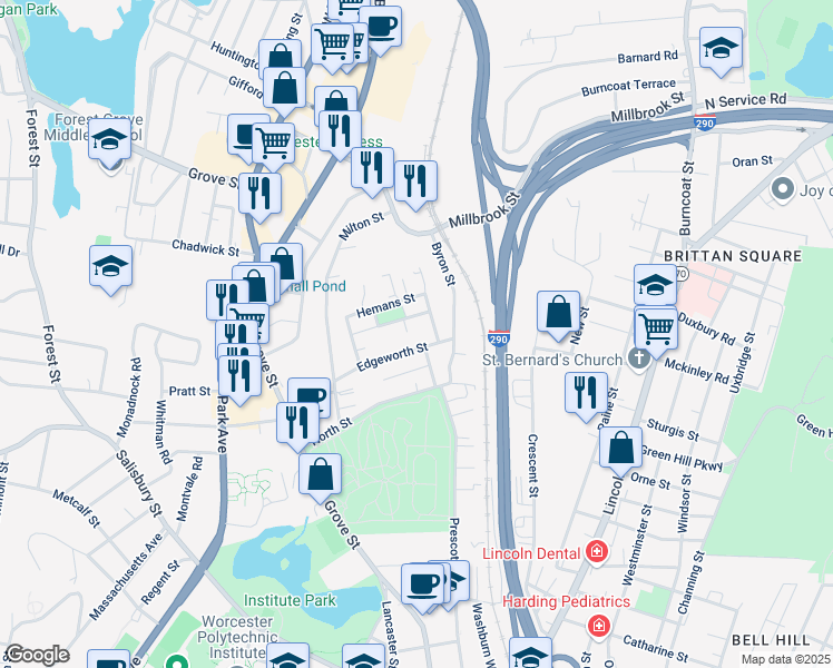 map of restaurants, bars, coffee shops, grocery stores, and more near 6 Whittier Street in Worcester