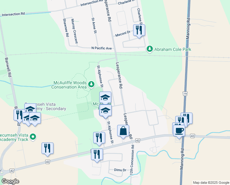 map of restaurants, bars, coffee shops, grocery stores, and more near 2318 Docherty Drive in Windsor