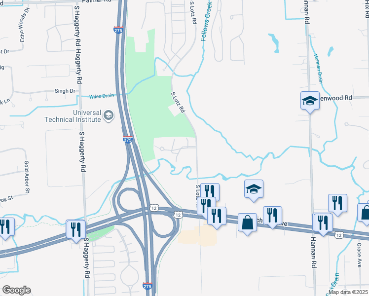 map of restaurants, bars, coffee shops, grocery stores, and more near 40530 Tamarack Drive in Canton