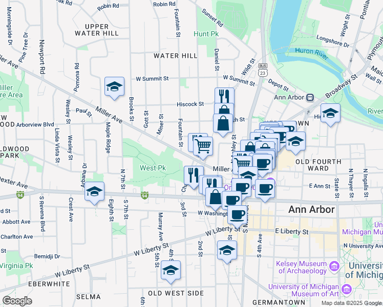 map of restaurants, bars, coffee shops, grocery stores, and more near 439 Spring Street in Ann Arbor