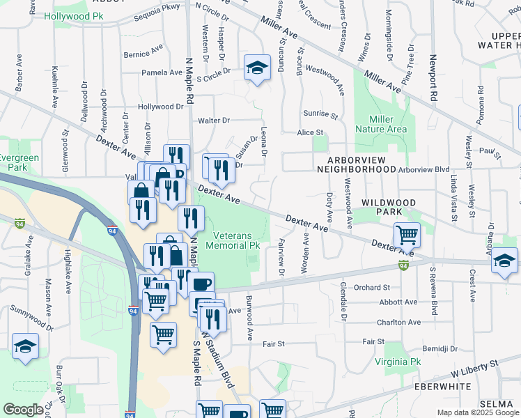map of restaurants, bars, coffee shops, grocery stores, and more near 2230 Dexter Avenue in Ann Arbor