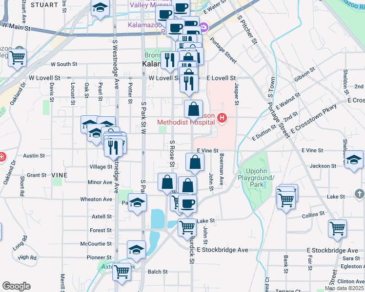 map of restaurants, bars, coffee shops, grocery stores, and more near 123 West Dutton Street in Kalamazoo