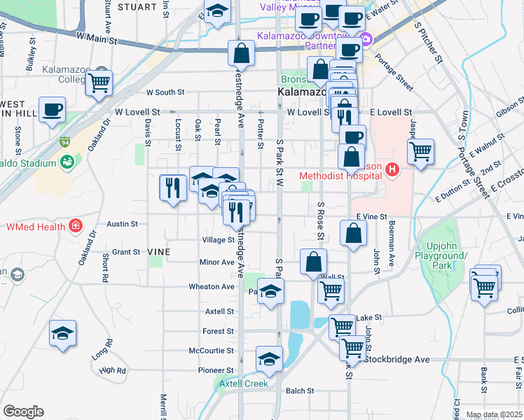 map of restaurants, bars, coffee shops, grocery stores, and more near 429 West Dutton Street in Kalamazoo