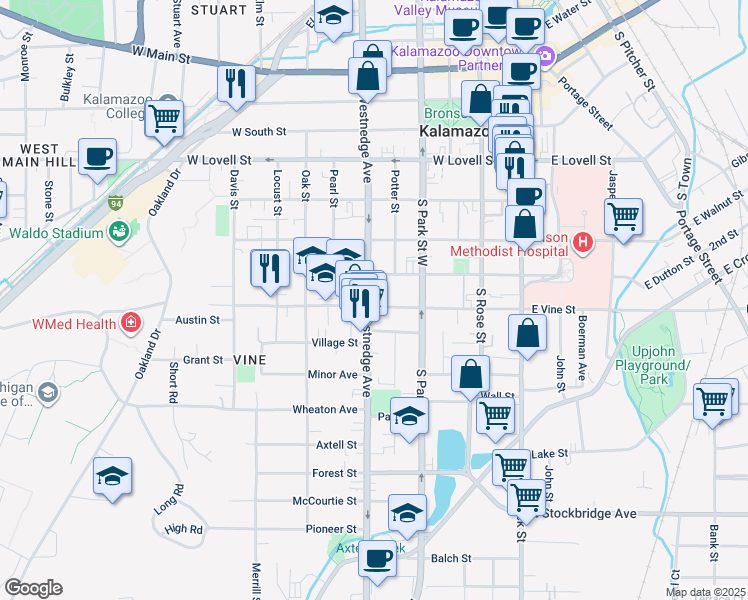 map of restaurants, bars, coffee shops, grocery stores, and more near 714 South Westnedge Avenue in Kalamazoo
