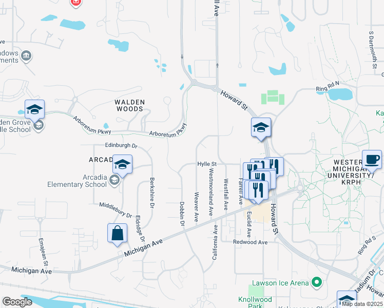 map of restaurants, bars, coffee shops, grocery stores, and more near 704 Weaver Avenue in Kalamazoo