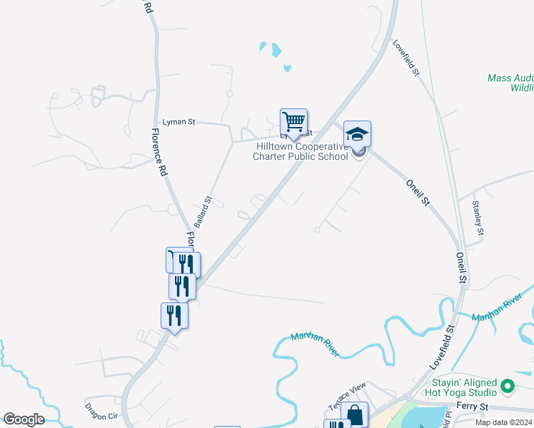 map of restaurants, bars, coffee shops, grocery stores, and more near 181 Northampton Street in Easthampton