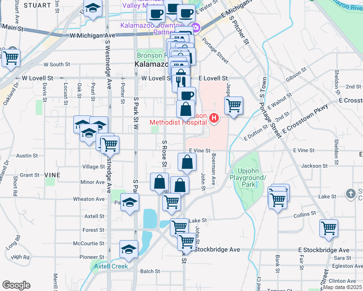 map of restaurants, bars, coffee shops, grocery stores, and more near 130 East Dutton Street in Kalamazoo