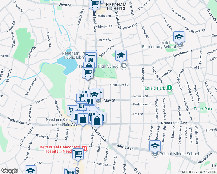 map of restaurants, bars, coffee shops, grocery stores, and more near 75 Kingsbury Street in Needham