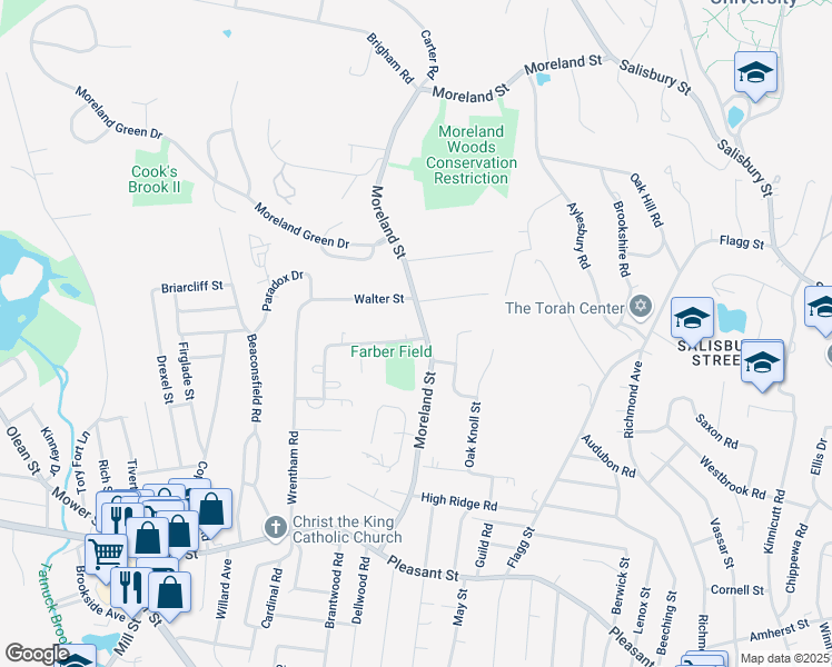 map of restaurants, bars, coffee shops, grocery stores, and more near 111 Moreland Street in Worcester