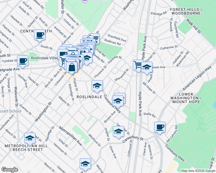 map of restaurants, bars, coffee shops, grocery stores, and more near 121 Sycamore Street in Boston