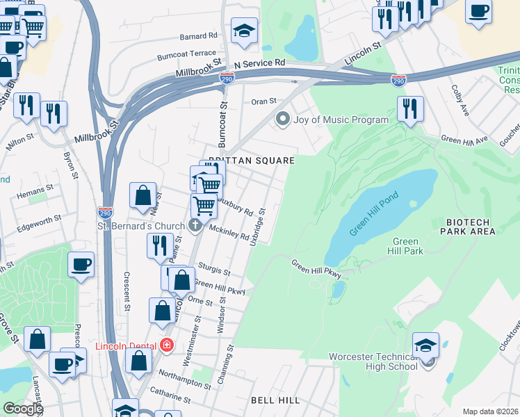 map of restaurants, bars, coffee shops, grocery stores, and more near 9 Rockport Road in Worcester
