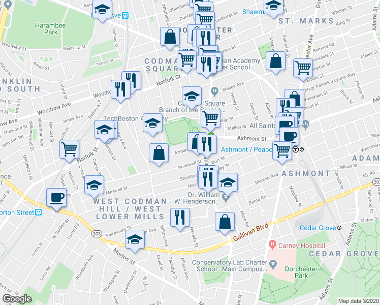 map of restaurants, bars, coffee shops, grocery stores, and more near 38 Armandine Street in Boston