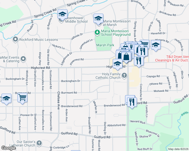 map of restaurants, bars, coffee shops, grocery stores, and more near 4115 Highcrest Road in Rockford