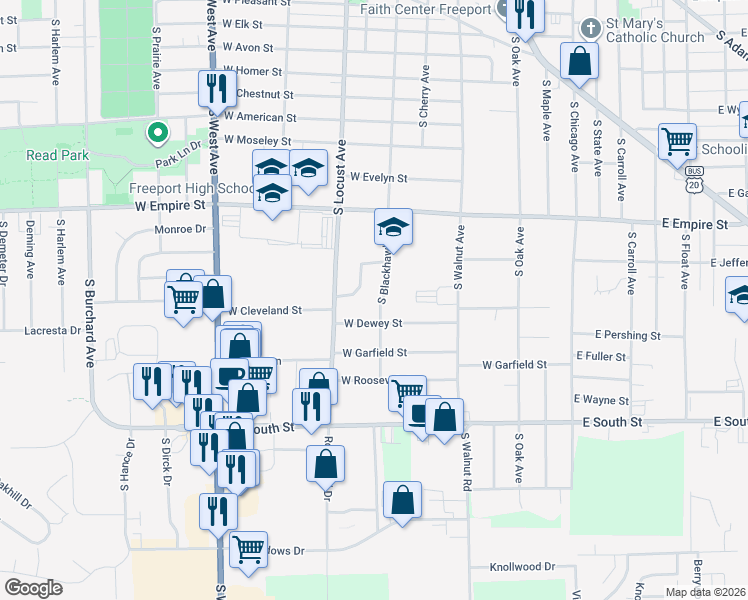 map of restaurants, bars, coffee shops, grocery stores, and more near 1426 South Blackhawk Avenue in Freeport
