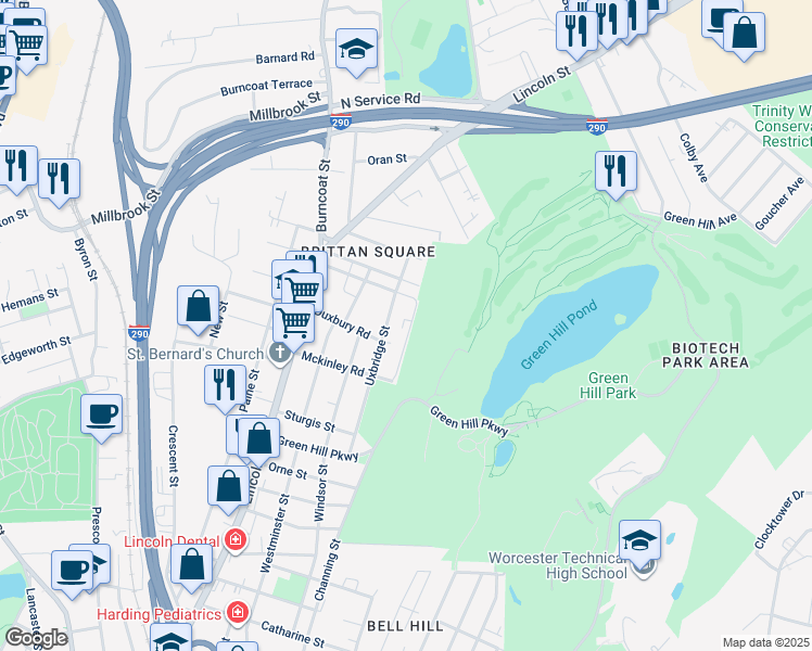 map of restaurants, bars, coffee shops, grocery stores, and more near 41 Denmark Street in Worcester