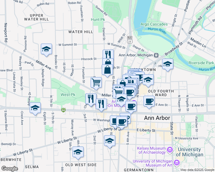 map of restaurants, bars, coffee shops, grocery stores, and more near 410 North 1st Street in Ann Arbor
