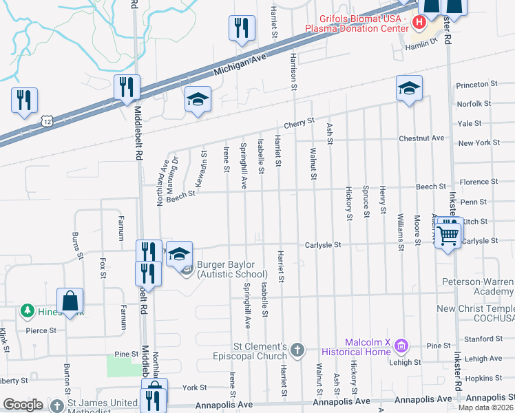map of restaurants, bars, coffee shops, grocery stores, and more near 3514 Isabelle Street in Inkster