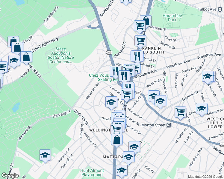 map of restaurants, bars, coffee shops, grocery stores, and more near 150 Wellington Hill Street in Boston