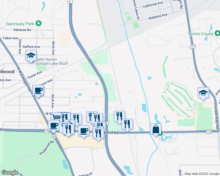 map of restaurants, bars, coffee shops, grocery stores, and more near 234 Central Skokie Road in Lake Bluff