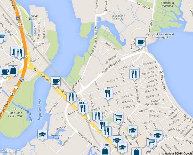 map of restaurants, bars, coffee shops, grocery stores, and more near 142 Quincy Shore Drive in Quincy