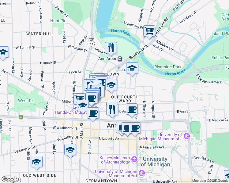 map of restaurants, bars, coffee shops, grocery stores, and more near 407 East Kingsley Street in Ann Arbor