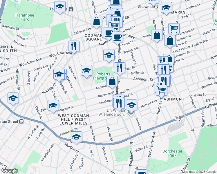 map of restaurants, bars, coffee shops, grocery stores, and more near 38 Armandine Street in Boston