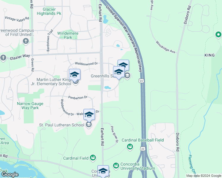 map of restaurants, bars, coffee shops, grocery stores, and more near 819 Greenhills Drive in Ann Arbor