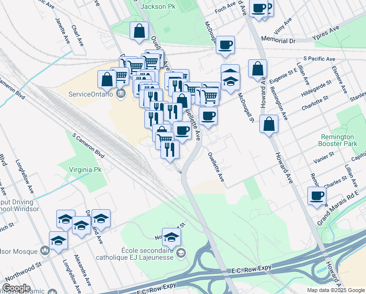 map of restaurants, bars, coffee shops, grocery stores, and more near 150 Ouellette Place in Windsor