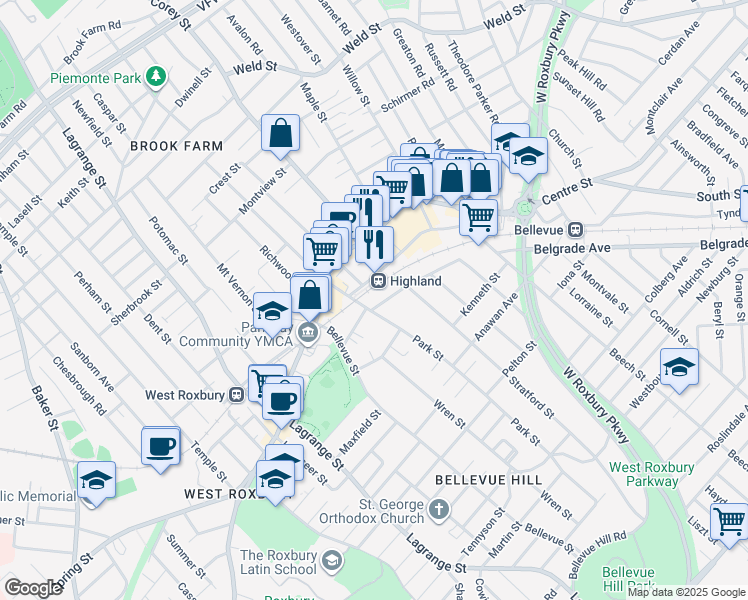map of restaurants, bars, coffee shops, grocery stores, and more near 135 Clement Avenue in Boston
