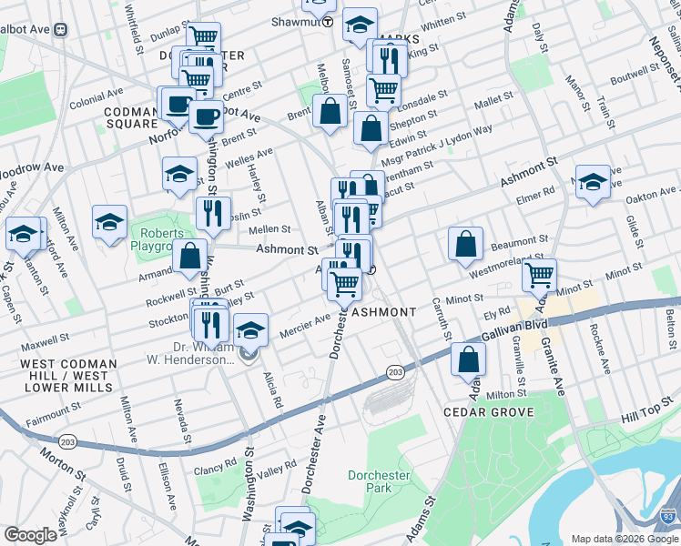 map of restaurants, bars, coffee shops, grocery stores, and more near 145 Ashmont Street in Boston