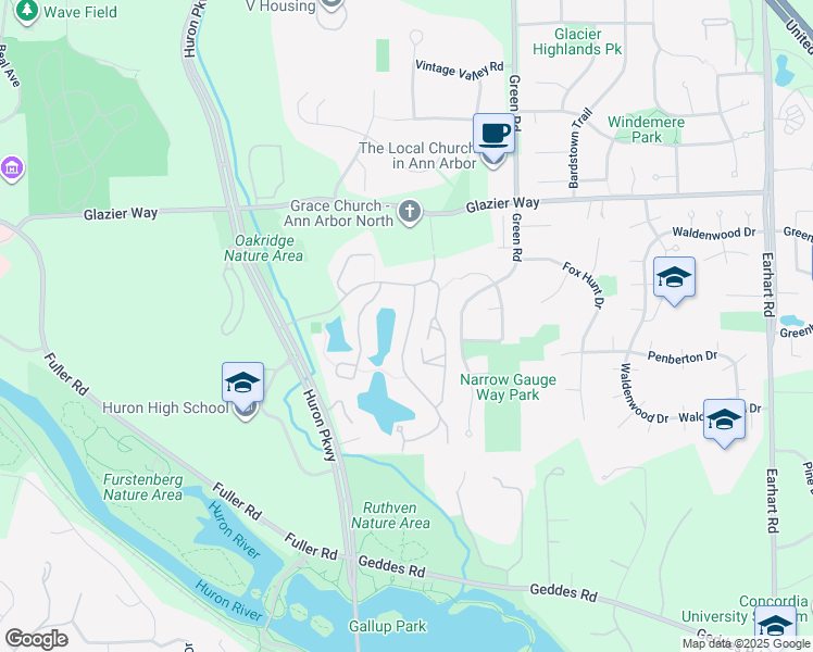 map of restaurants, bars, coffee shops, grocery stores, and more near 737 Watersedge Drive in Ann Arbor