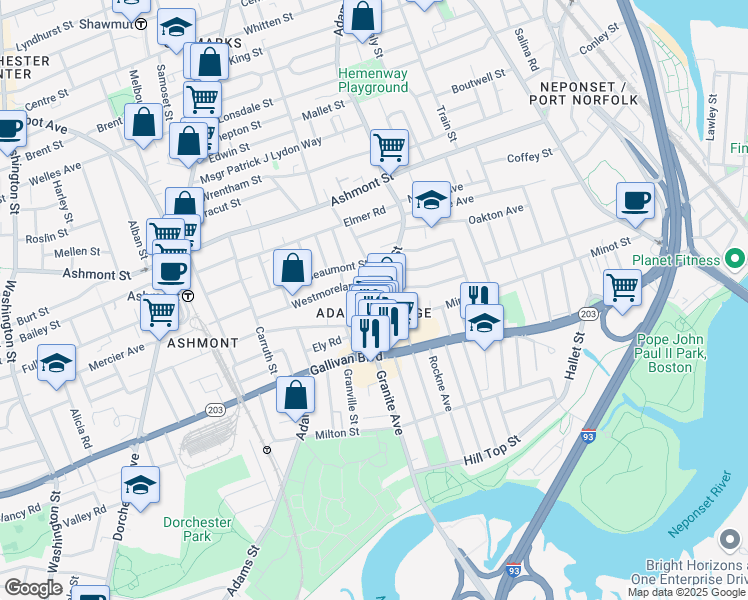 map of restaurants, bars, coffee shops, grocery stores, and more near 23 Westmoreland Street in Boston