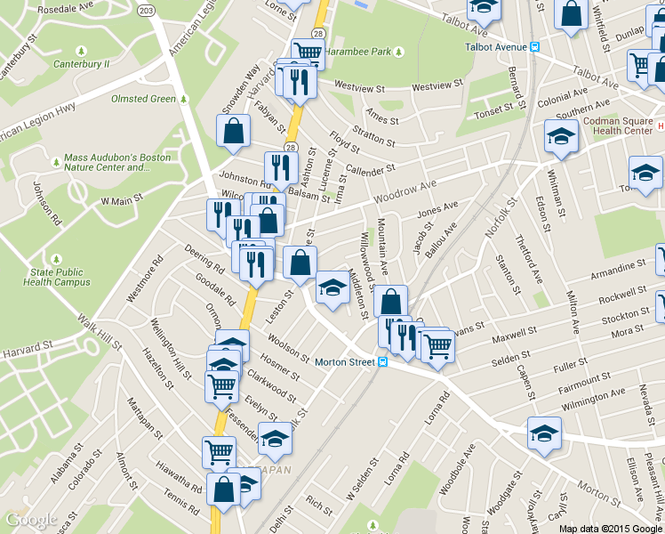 map of restaurants, bars, coffee shops, grocery stores, and more near 46 Winston Road in Boston