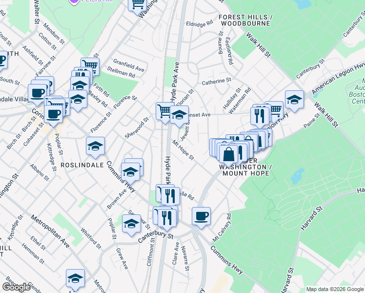 map of restaurants, bars, coffee shops, grocery stores, and more near 58 Philbrick Street in Boston