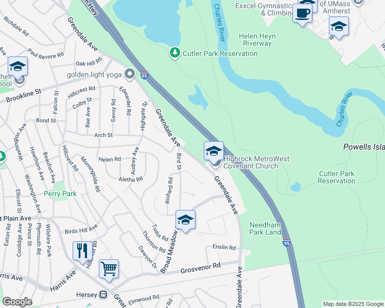 map of restaurants, bars, coffee shops, grocery stores, and more near 692 Greendale Avenue in Needham