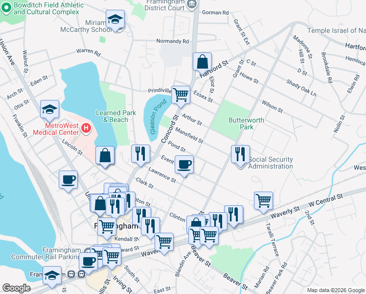 map of restaurants, bars, coffee shops, grocery stores, and more near 23 Mansfield Street in Framingham