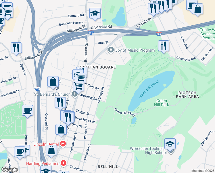 map of restaurants, bars, coffee shops, grocery stores, and more near 53 Denmark Street in Worcester