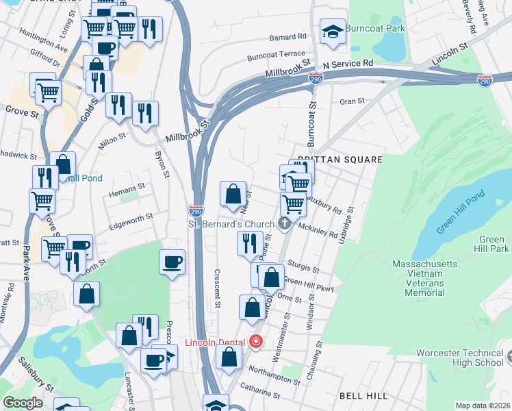 map of restaurants, bars, coffee shops, grocery stores, and more near 17 Gilman Street in Worcester