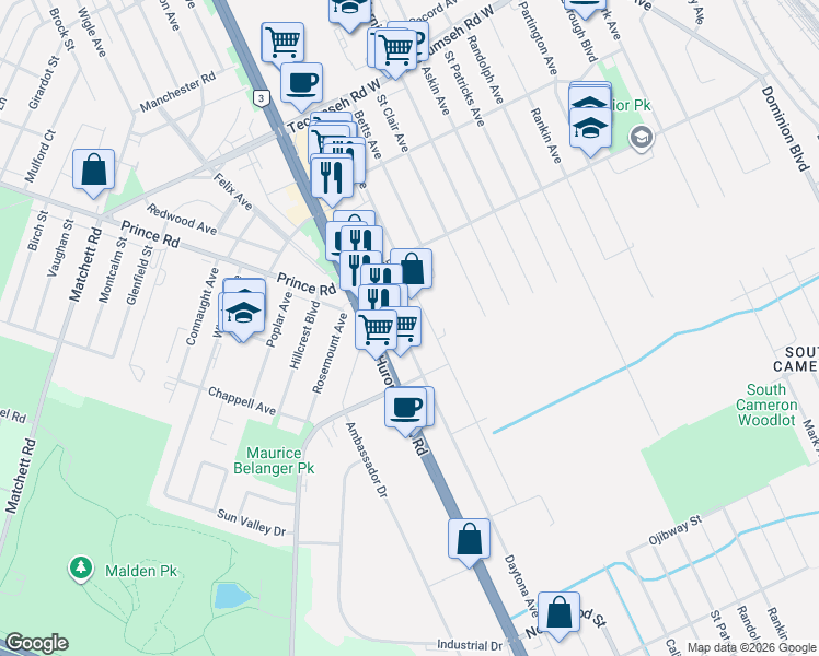 map of restaurants, bars, coffee shops, grocery stores, and more near in Windsor
