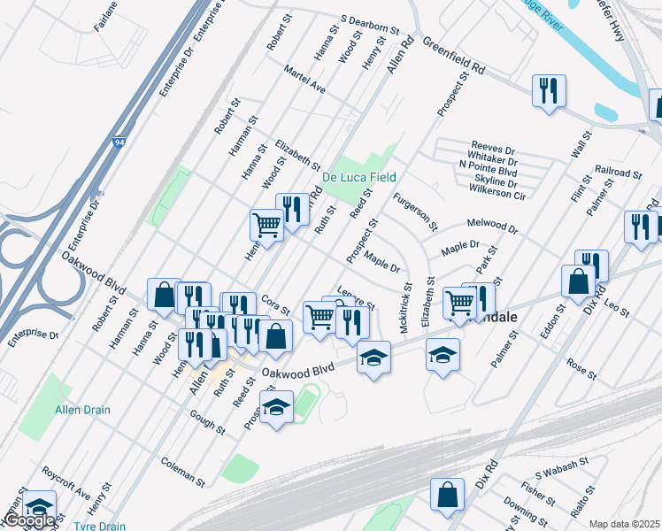 map of restaurants, bars, coffee shops, grocery stores, and more near 17690 Reed Street in Melvindale
