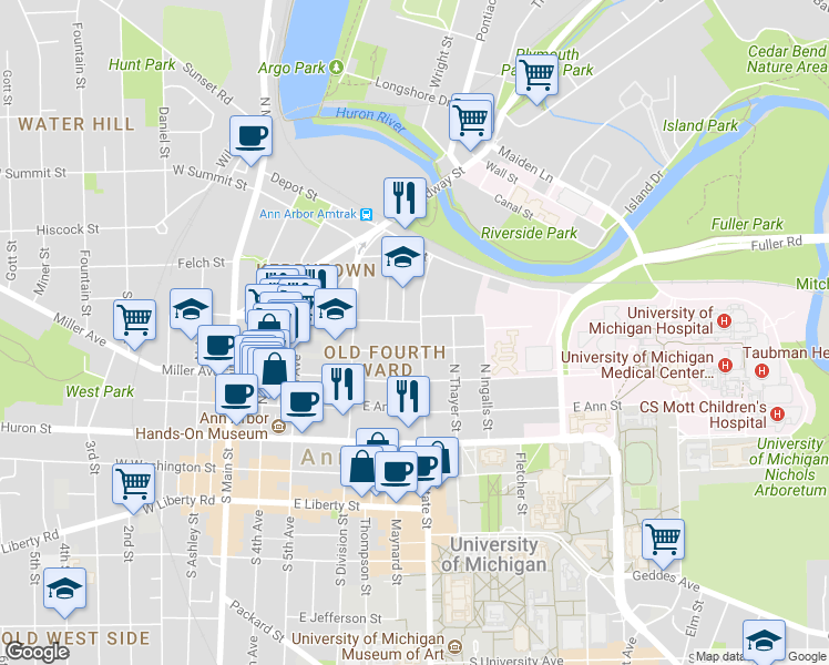 map of restaurants, bars, coffee shops, grocery stores, and more near 507 East Kingsley Street in Ann Arbor